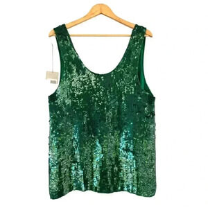 MODI 100% Silk Vintage Sequin Top Size 16 Green Festive Holiday Christmas NWT